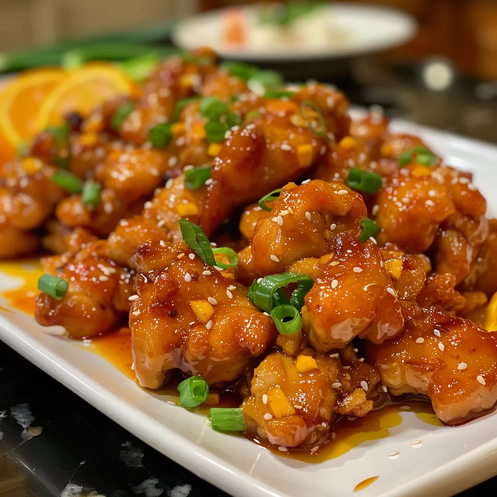 Side angle of juicy orange chicken, glistening with sauce and topped with green onions and sesame seeds.