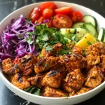 Close-up of Keto Shawarma Chicken Bowl featuring juicy chicken thighs and fresh vegetables.