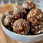 Close-up view of no-bake brownie balls coated in chocolate and puffed rice.