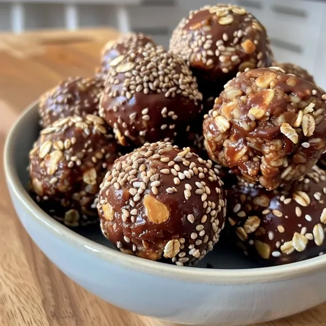 Close-up view of no-bake brownie balls coated in chocolate and puffed rice.