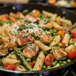 Close-up view of Lemon Butter Garlic Chicken Pasta on a plate.
