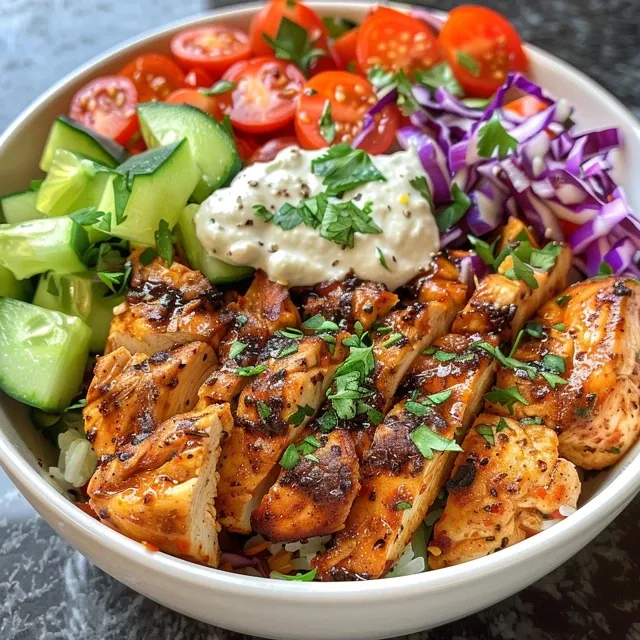 Side view of a delicious Keto Shawarma Chicken Bowl with garlic tahini sauce drizzled on top.