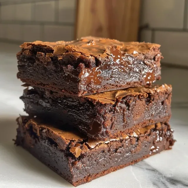 Delicious fudgy brownie with a glossy crust and chocolatey interior.