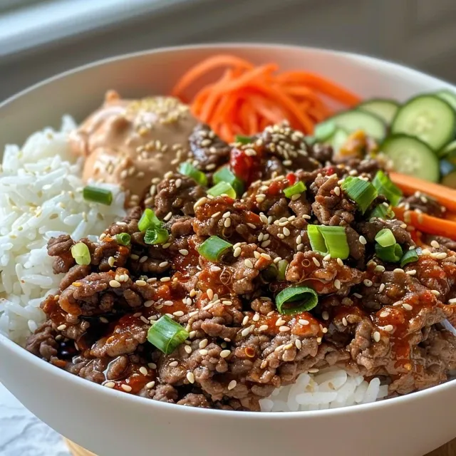 Juicy Korean Beef Rice Bowl with colorful toppings including kimchi and cucumber slices.