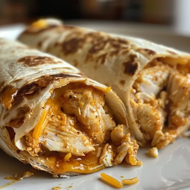 A side view of mouthwatering hot chicken and cheese wraps, showcasing the melted cheese.