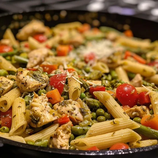 Juicy chicken breast slices over fettuccine with lemon and garlic sauce.