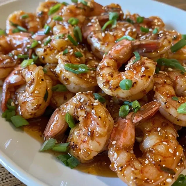 Side view of succulent shrimp coated in a glossy honey garlic sauce with herbs.