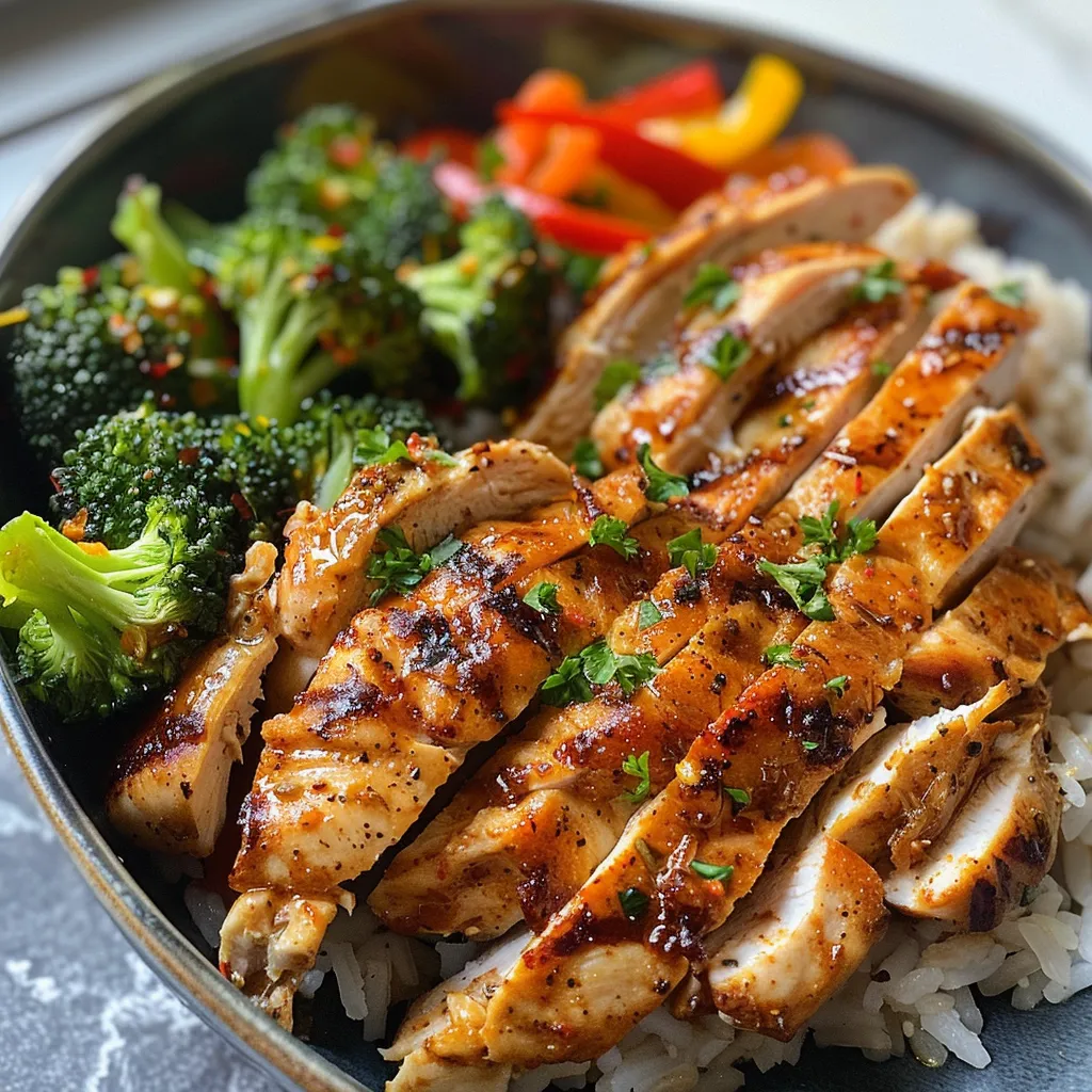 Close-up of a Balanced Chicken & Veggie Power Bowl filled with colorful vegetables and chicken strips.