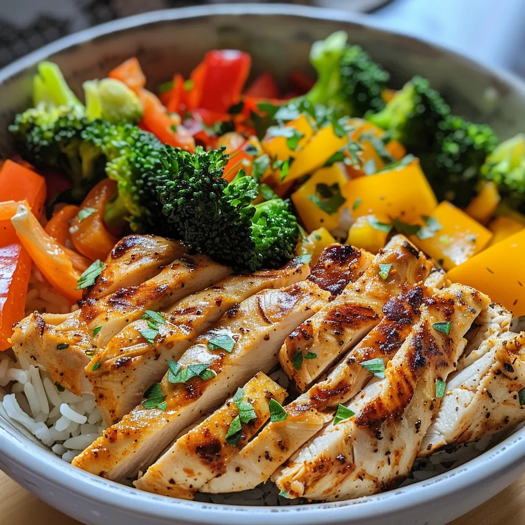 Side view of a delicious chicken and veggie bowl featuring broccoli, peppers, and carrots.