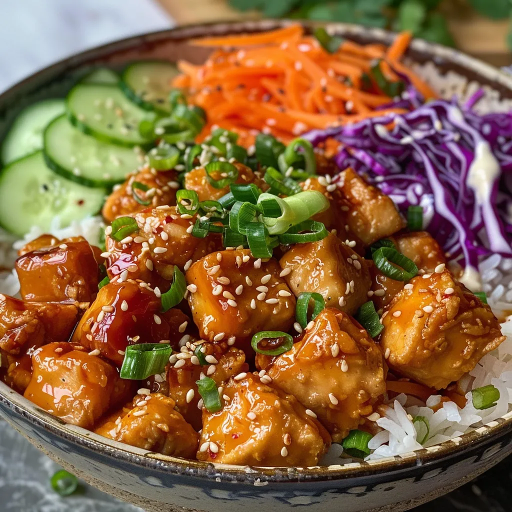 A close-up side view of a Bang Bang Chicken Bowl filled with colorful ingredients.