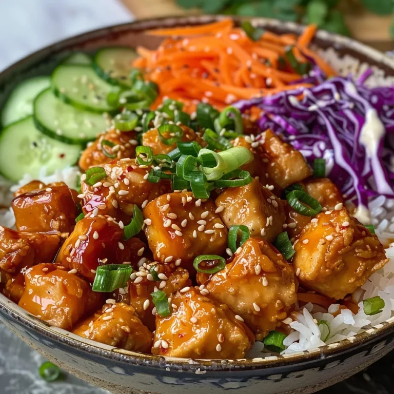 Close-up view of a Bang Bang Chicken Bowl with vibrant vegetables and rice.