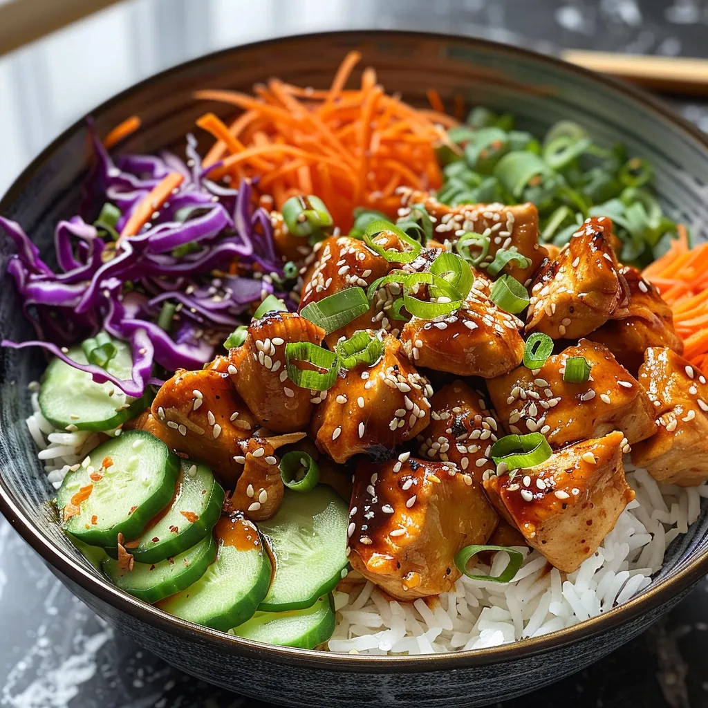 Side view of a colorful Bang Bang Chicken Bowl filled with chicken, rice, and fresh toppings.