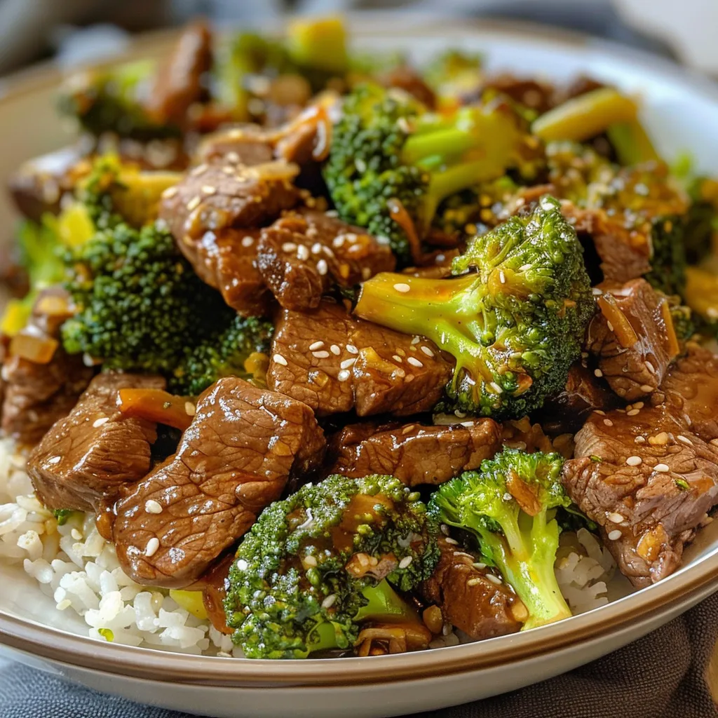 Close-up of a vibrant Beef and Broccoli Stir Fry with red pepper slices.