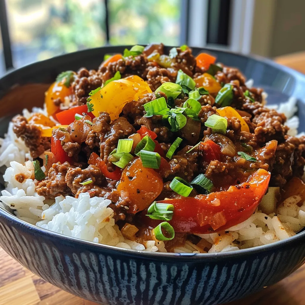 Side perspective of a delicious beef and pepper rice bowl featuring vibrant ingredients.