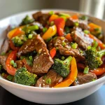 Close-up view of a colorful beef stir fry with vegetables and sauce.