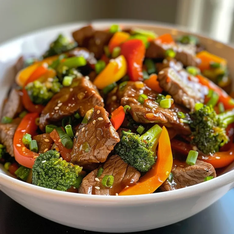 Close-up view of a colorful beef stir fry with vegetables and sauce.