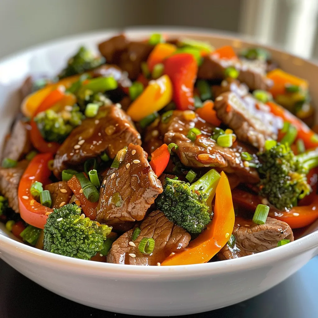 Close-up view of a vibrant beef stir fry with colorful vegetables.