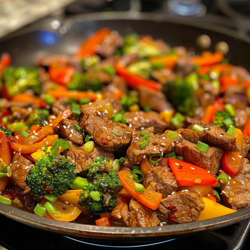 Side view of juicy beef stir-fry with bell peppers and broccoli.