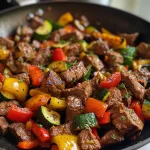 Close-up view of a beef and vegetable skillet with vibrant colors and rich sauce.