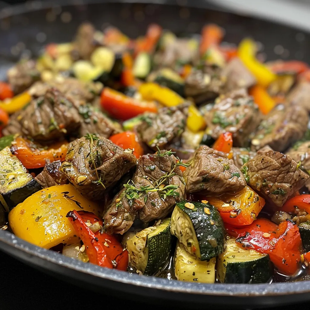 A juicy beef and vegetable stir-fry served in a skillet, highlighting fresh ingredients.