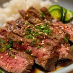 Close-up of juicy beef Yakiniku on a grill with a shiny glaze.