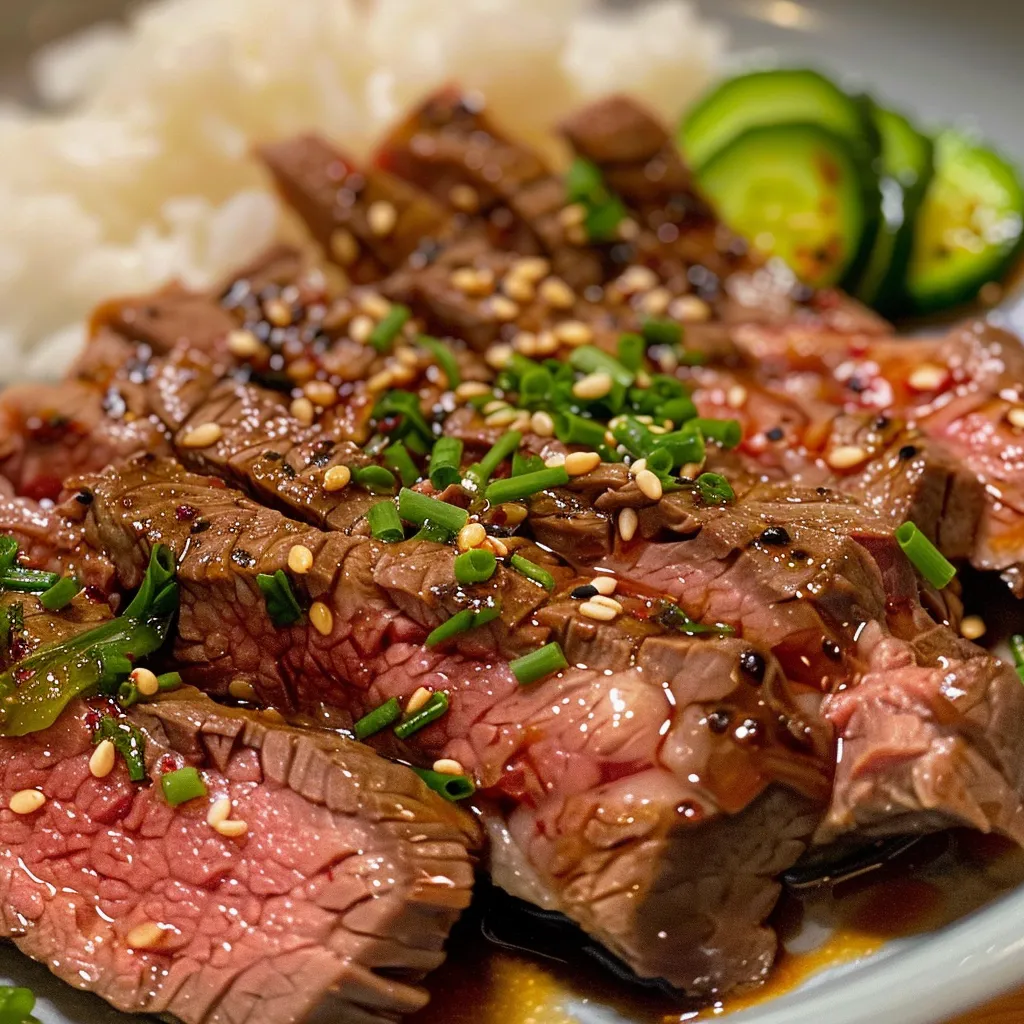 Close-up of juicy beef Yakiniku on a grill with a shiny glaze.