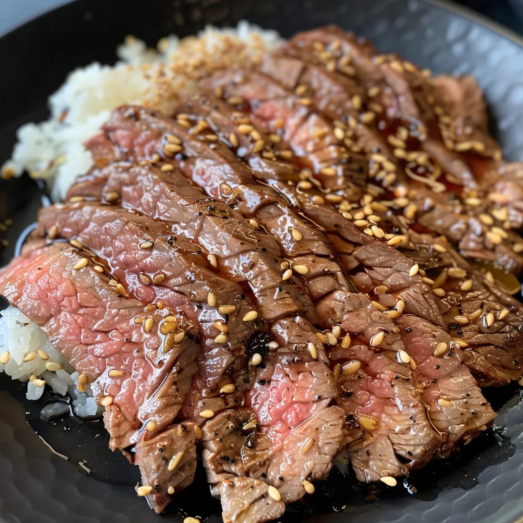 Side view of tender, sliced beef Yakiniku sizzling on a charcoal grill.