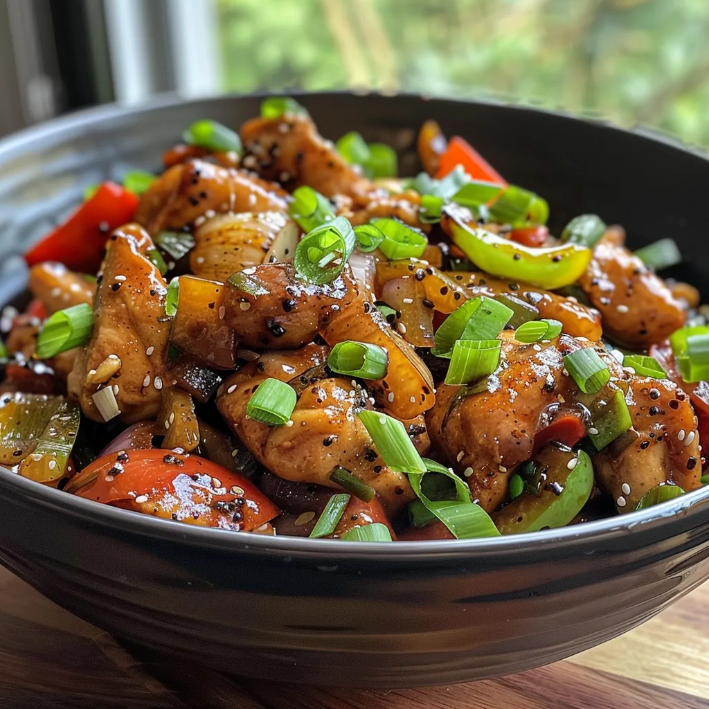 Juicy pieces of chicken stir-fried with bell peppers and onions.