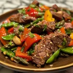 Close-up view of a vibrant beef stir fry with colorful vegetables.