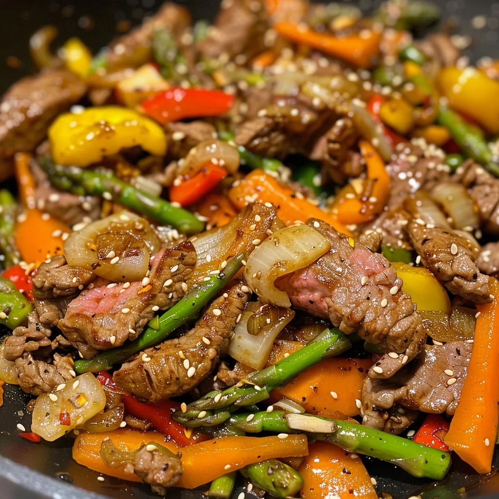 Juicy beef stir fry featuring sliced steak, carrots, and bell peppers.