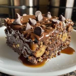 Close-up of a slice of gluten-free Brownie Baked Oatmeal topped with chocolate chips.