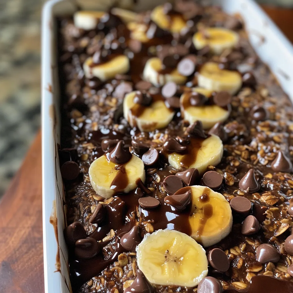 Side view of a portion of baked oatmeal displaying a rich, chocolatey texture.