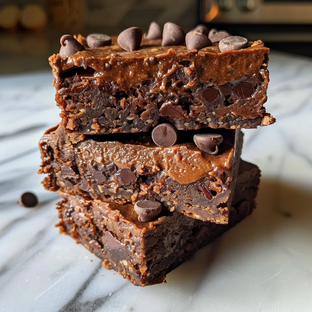 Side view of homemade Brownie Protein Bars with visible chocolate chips on top.