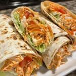Close-up side view of a Buffalo Chicken Wrap showcasing shredded chicken and fresh toppings.