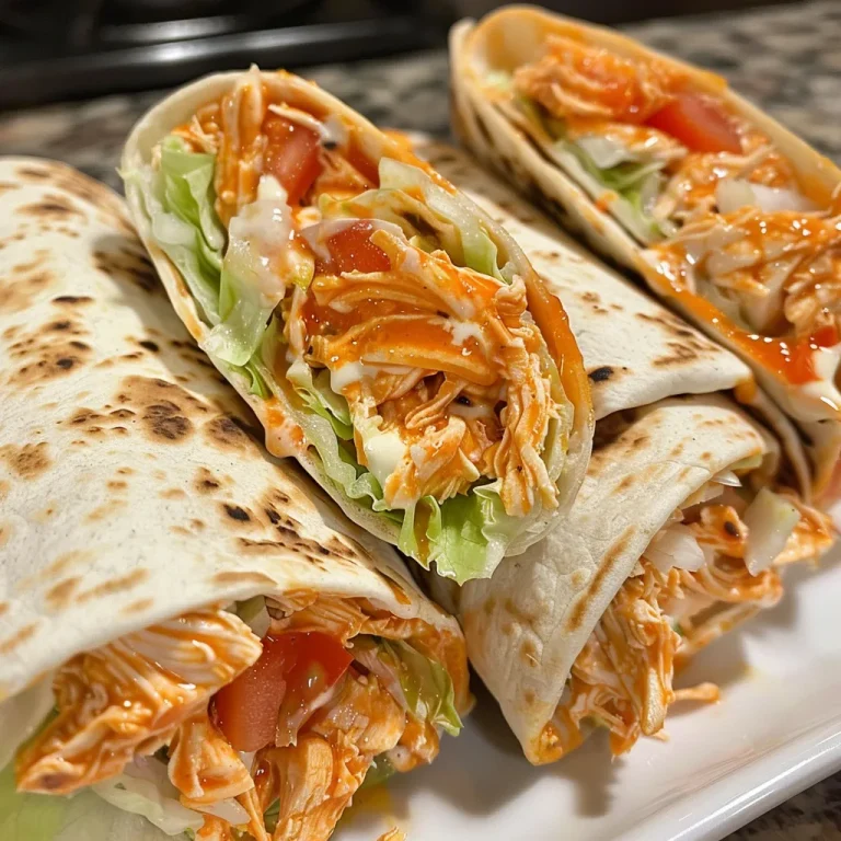Wrap It Up: Fun and Flavorful Buffalo Chicken Wraps You’ll Love! Close-up side view of a Buffalo Chicken Wrap showcasing shredded chicken and fresh toppings.