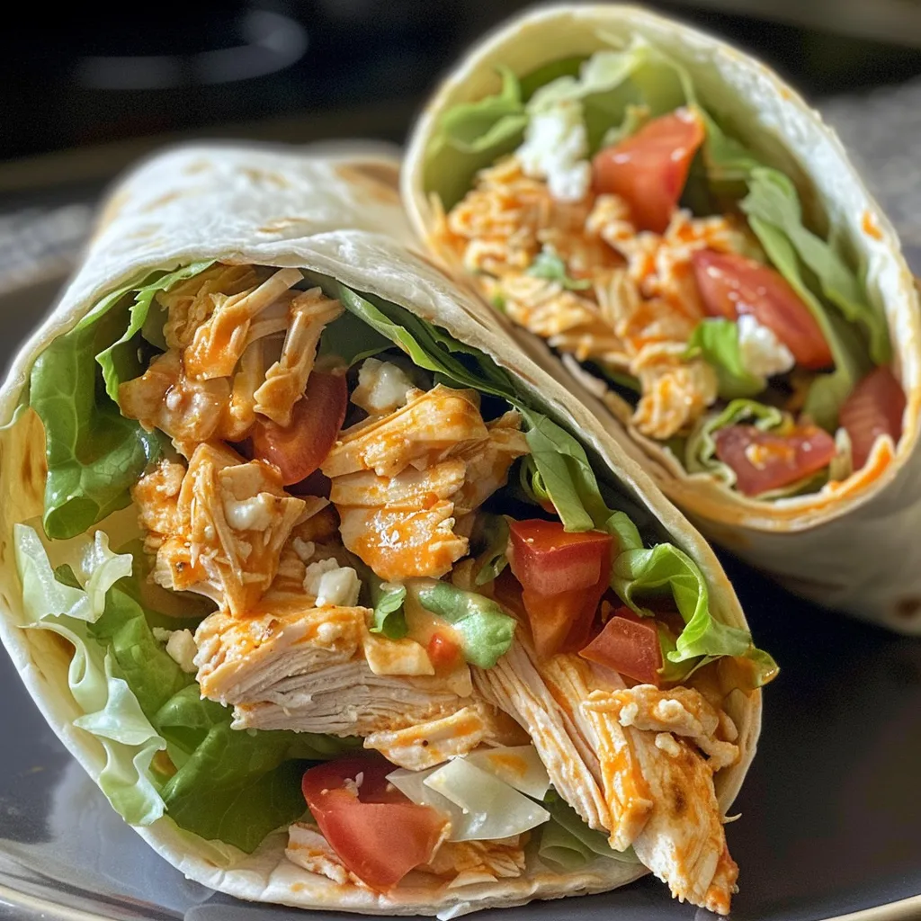 Juicy Buffalo Chicken Wrap with vibrant lettuce and tomatoes, served in a large tortilla.