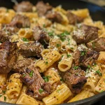 Close-up view of Cajun steak tips mixed with rigatoni pasta in a creamy Parmesan sauce.