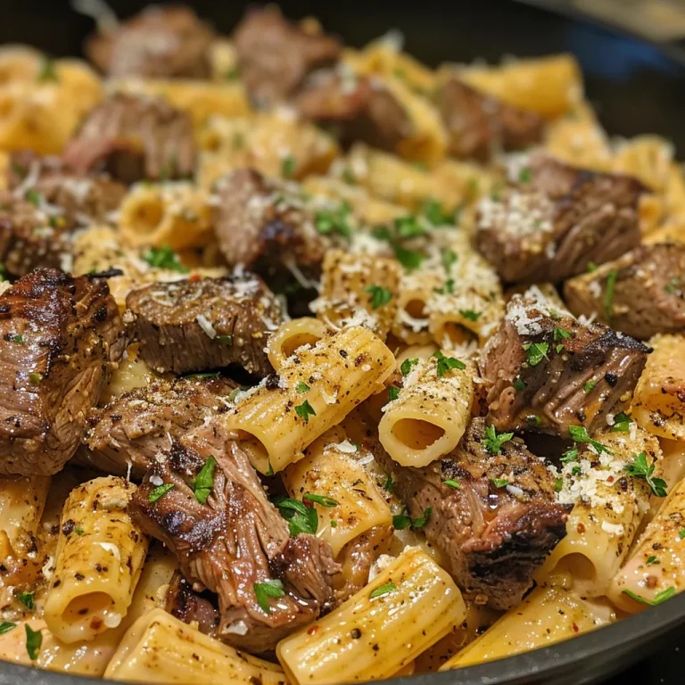 Close-up view of Cajun steak tips mixed with rigatoni pasta in a creamy Parmesan sauce.