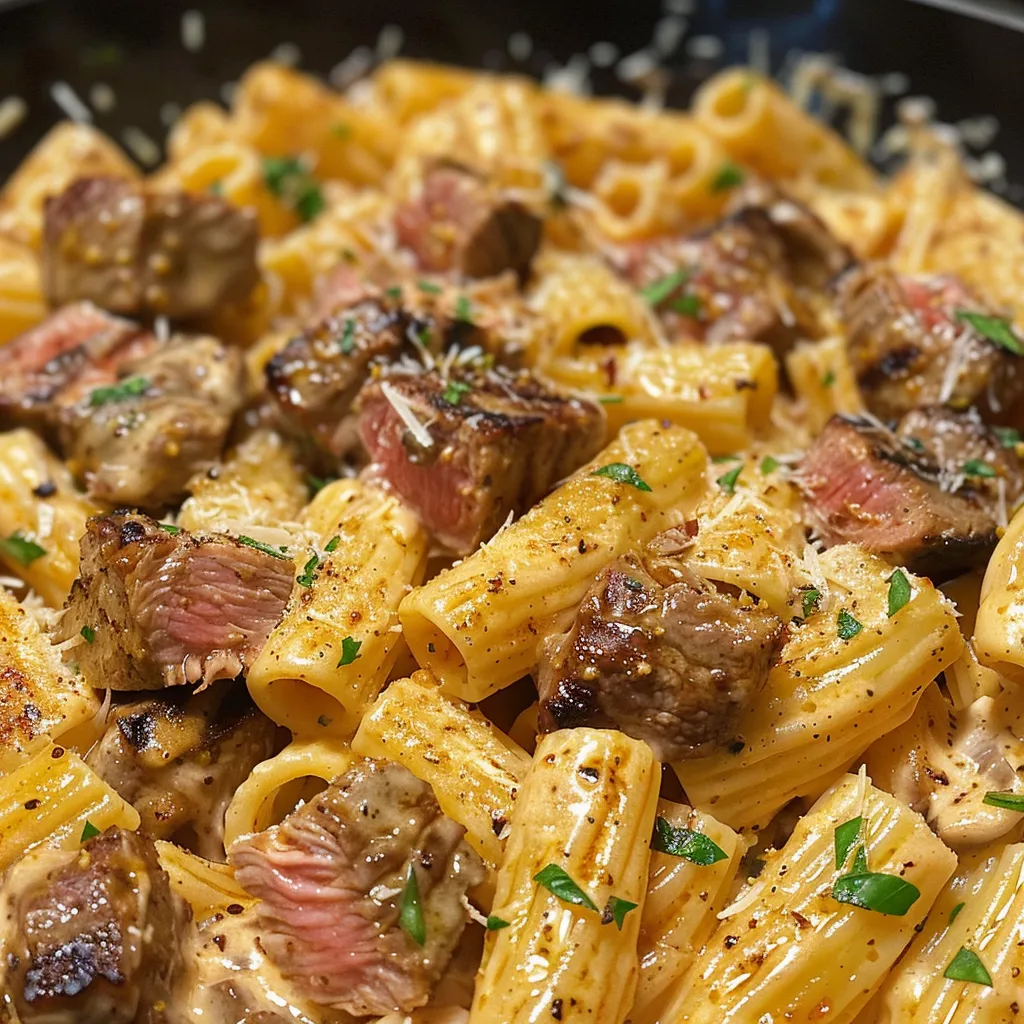 Juicy steak tips in a cheesy rigatoni dish, garnished and ready to serve.