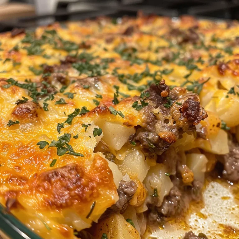 Close-up of a cheesy beef and potato bake with a golden crust.
