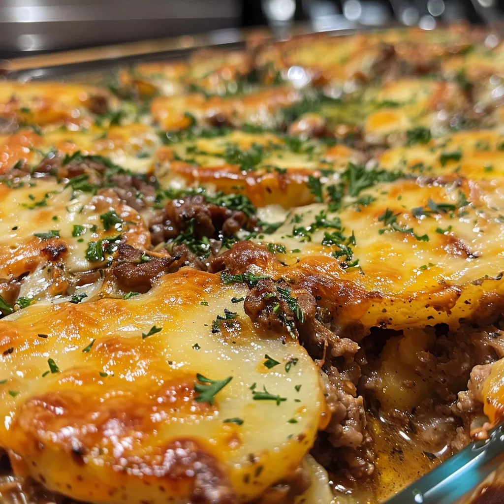 Side view of a bubbling beef and potato casserole topped with melted cheese.
