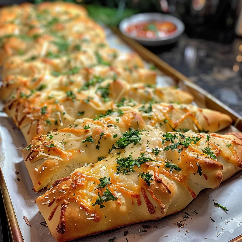 Side view of a festive Christmas tree-shaped bread with gooey cheese.