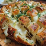 Close-up of a freshly baked cheesy garlic butter pull-apart bread with a golden crust.