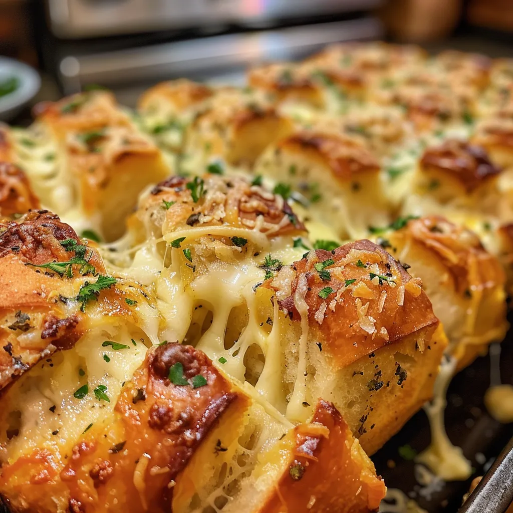 Side view of a round loaf of pull-apart bread dripping with melted cheese and garlic butter.