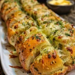 Close-up side view of cheesy garlic herb pull-apart bread, golden brown and gooey with melted cheese.