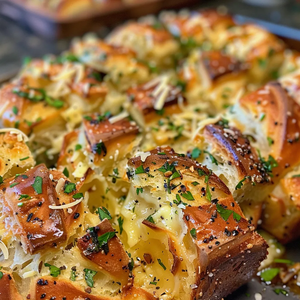 Juicy pull-apart bread featuring layers of melted cheese and herbs, displayed attractively from the side.