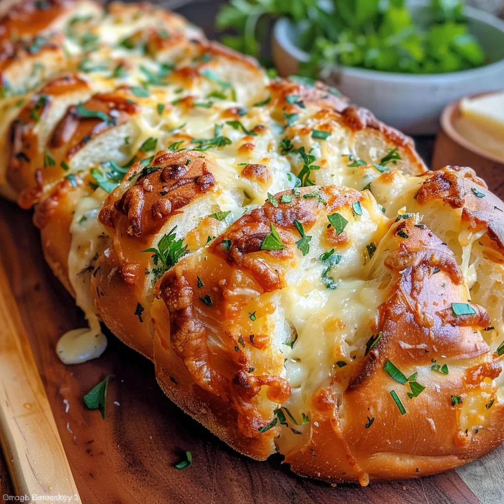 Side view of a round loaf of sourdough bread, topped with garlic and cheese, ready to pull apart.