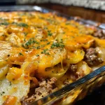 Close-up of a cheesy ground beef and potato casserole, highlighting the melted cheese and layers of beef and potatoes.