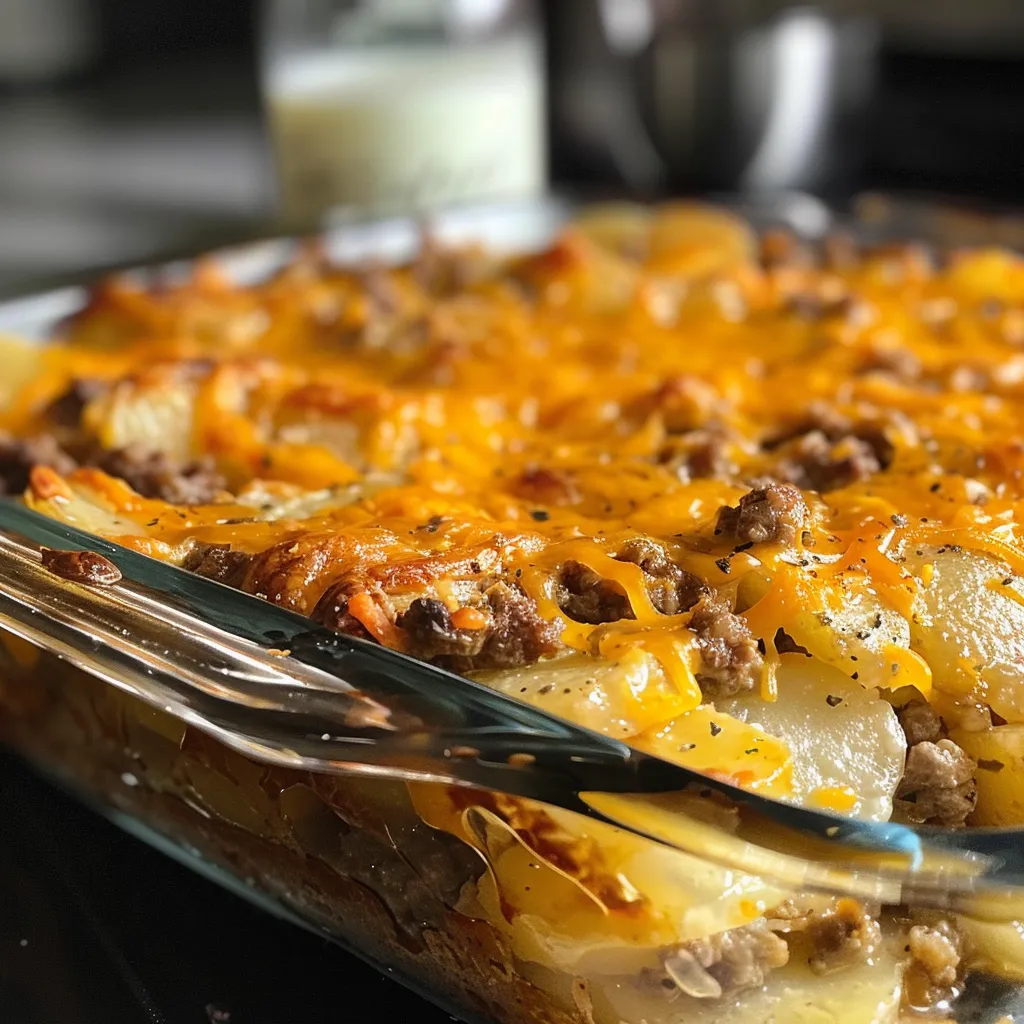 Side view of a golden-brown casserole with ground beef, potatoes, and a gooey cheese topping.