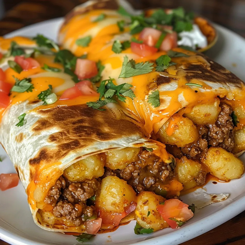 Close-up view of cheesy potato burritos with melted cheese and tater tots.